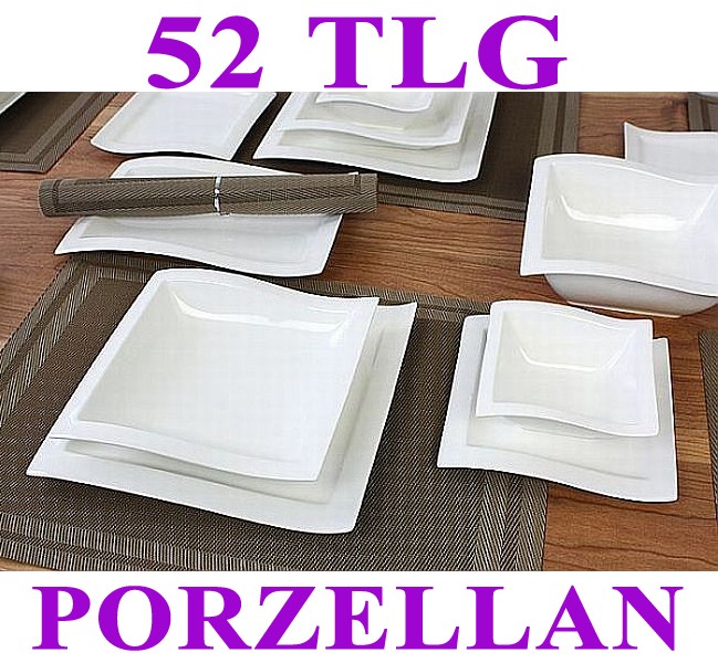 Porzellan 52 tlg Tafelservice Eckig Teller Set Geschirr 12 Personen